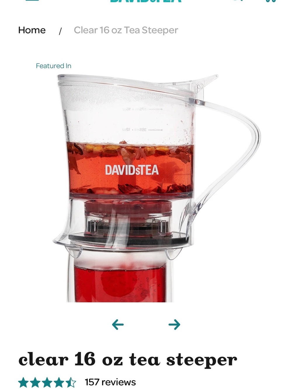 David’s Tea Clear 16 oz Tea Steeper